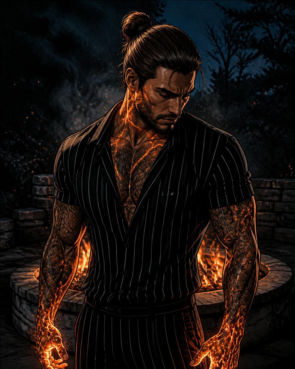 Nick Reynolds in a black pinstriped cabana shirt, fire glowing around his hands, standing in cold blue tower light