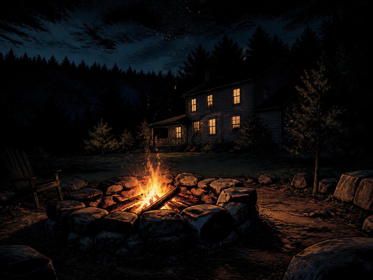 A stone backyard fire pit burning alone at night with a family home and six lit windows behind it